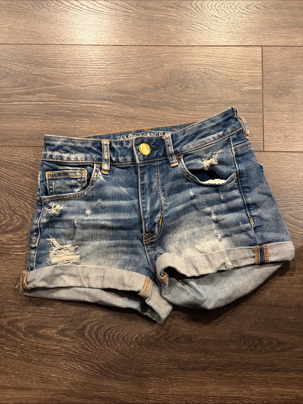 American Eagle Outfitters Light Blue Distressed Rolled Hem Jean Shorts